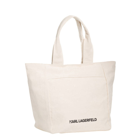 Karl Lagerfeld natural leather handbag with silver hardware, featuring structured design and top handle for stylish carry.