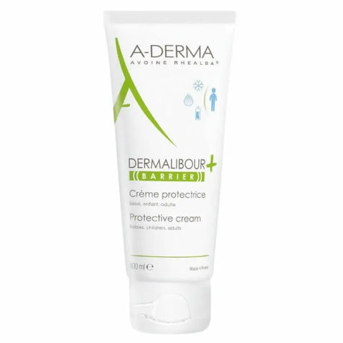 A-Derma Dermalibour Barrier Cream 100ml in a white tube with blue and green accents, standing upright on a white background.
