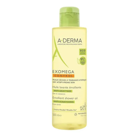 A-Derma Exomega bath and shower oil in a 500ml bottle, displayed with the product label and packaging.