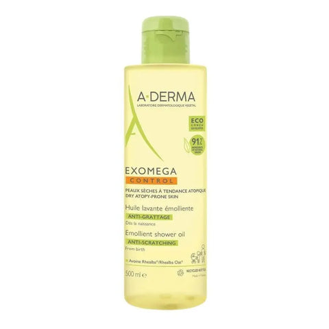 A-Derma Exomega bath and shower oil in 500ml bottle with pump dispenser, suitable for gentle skincare.