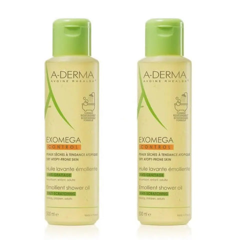 A-Derma Exomega cleansing oil for dry skin in two 500ml bottles, with a gentle, nourishing formula for sensitive skin.