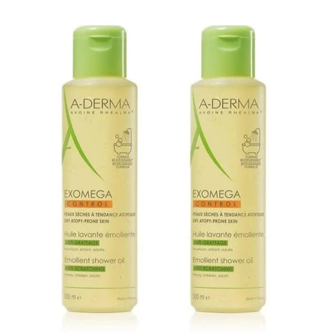 A-Derma Exomega cleansing oil for dry skin in two 500ml bottles, with a pump dispenser and gentle skincare formula.