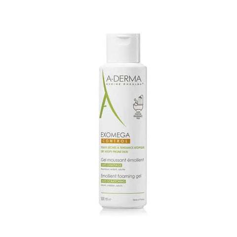 A-Derma Exomega Control emollient foaming gel in a 500ml bottle, designed for anti-scratching skin relief, by Jag Couture London New York.