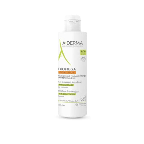 A-Derma Exomega Control Gel Espumoso Emoliente 500ml, foaming skincare gel for sensitive skin, in a clear pump bottle.