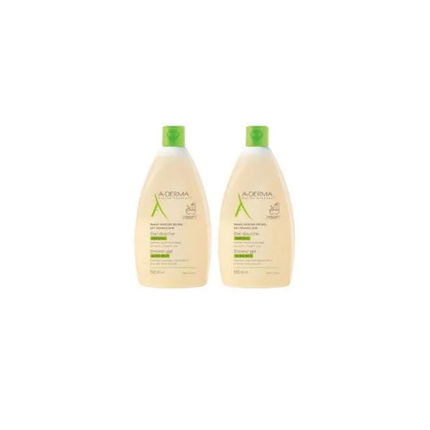 A-Derma shower gel for dry and sensitive skin in two 500ml bottles, shown with clear labels and pump dispensers.