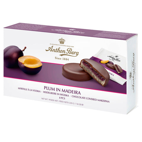 Anthon Berg plum in madeira marzipan coated with dark chocolate, presented in elegant packaging, by Jag Couture London - New York.