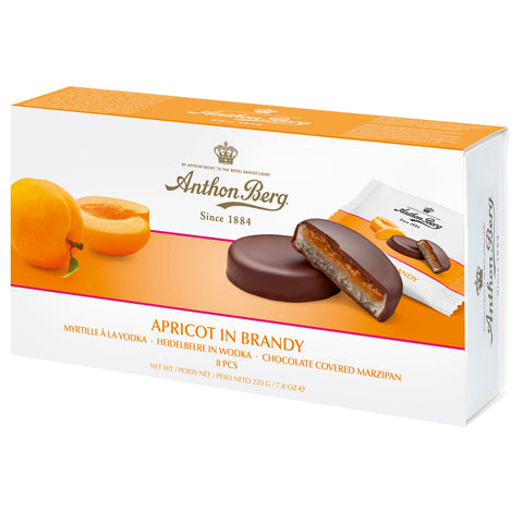 Anthon Berg apricot in brandy marzipan wrapped in dark chocolate, shown in a close-up image.