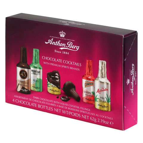 Anthon Berg 4-piece chocolate cocktail set by Jag Couture London – New York, featuring assorted chocolate cocktails in elegant packaging.