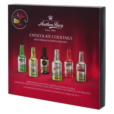 Anthon Berg 12-piece chocolate cocktails box by Jag Couture London New York, featuring assorted chocolate drink-inspired confections.