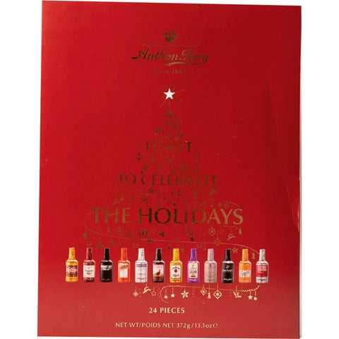 Anthon Berg liqueur advent calendar with 24 mini chocolate bottles, featuring colorful packaging and festive holiday design.