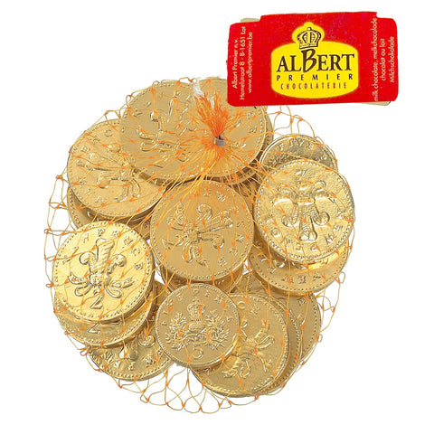 Gold foiled UK milk chocolate coins in a net, by Jag Couture London - New York, displayed on a plain background.