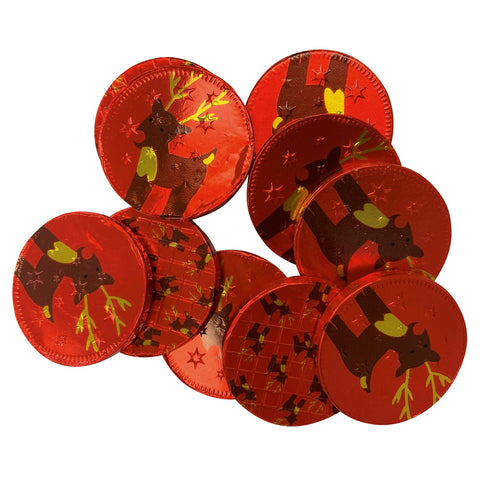 Foiled reindeer chocolate coins in net packaging, festive holiday treat by Jag Couture London - New York.