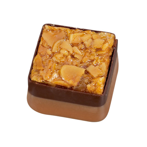 Jag Couture London Florentine hazelnut praline with Florentine top, 18g chocolate treat with crispy, nutty layers.