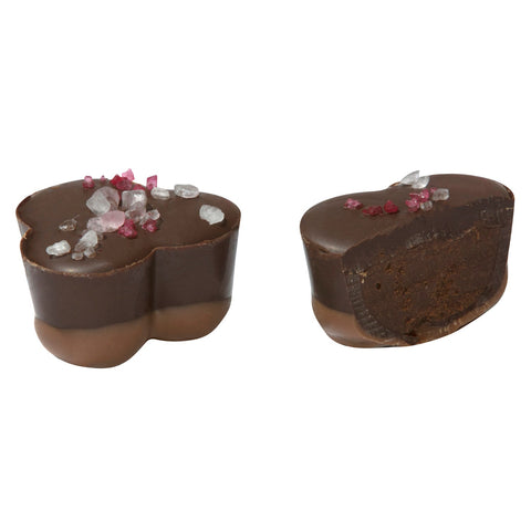 Sea salted cherry ganache from Jag Couture London in milk and dark chocolate, 13.5g, with creamy chocolate coating and cherry filling.
