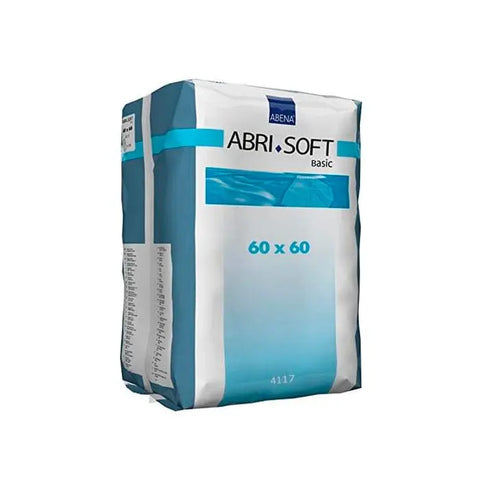 Abena Abri-Soft Basic in 60x60 cm, 60 disposable adult incontinence pads, shown in a package with branding from Jag Couture London New York