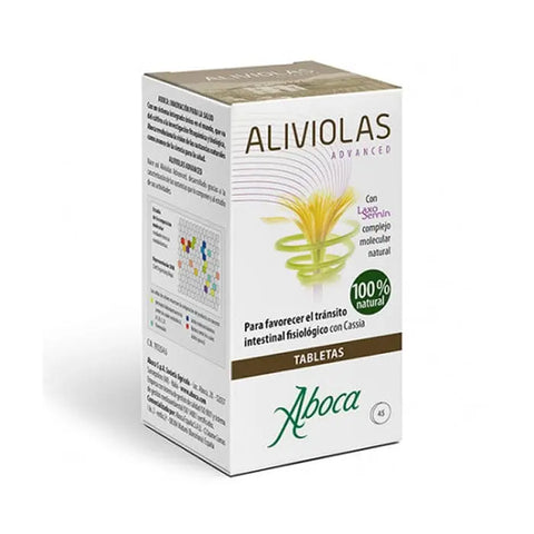 Aboca Aliviolas Bio 45 tablets, natural herbal supplement, shown in a clear bottle with label and tablets inside.