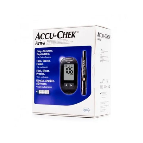 Accu-Chek Aviva glucose meter set with testing strips and lancing device, branded by Jag Couture London New York