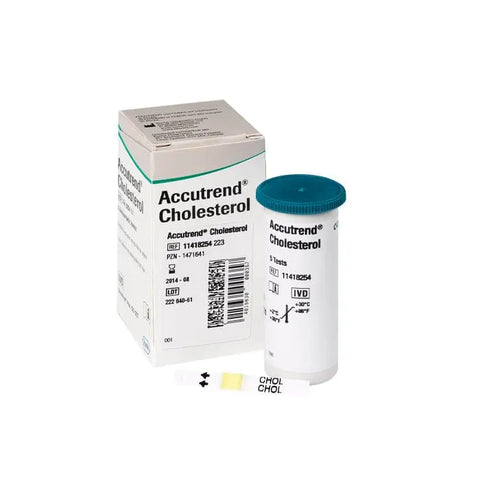 Accutrend cholesterol test strips 5U by Jag Couture London New York, showing packaging and test strip details.