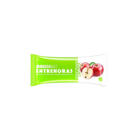 Actafarma Obegrass yogurt and apple barrita, 30g, with natural ingredients, shown in packaging with fresh apples and yogurt.