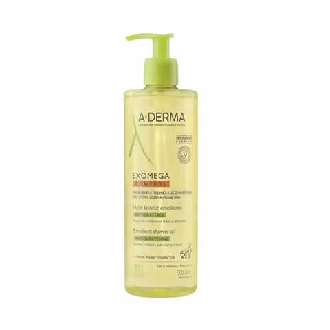 Aderma Exomega Shower Oil in 500ml bottle, dermatological skincare product with a clean white and blue packaging design.