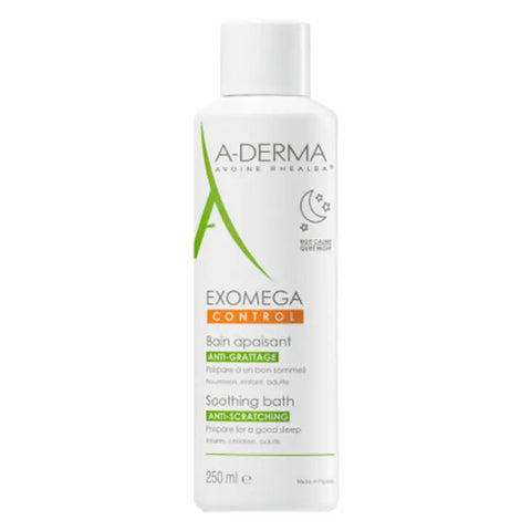 Aderma Exomega Treatment Bath 250ml bottle with label, skincare product for sensitive skin in a bathroom setting