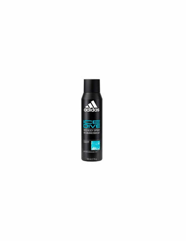 Adidas men's Ice Dive body spray bottle with blue and silver design, featuring the Adidas logo and product details.