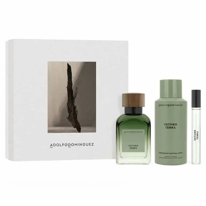 Jag Couture London - New York Adolfo Dominguez Vetiver Terra Eau De Perfume Spray 120ml Set 3 PIeces