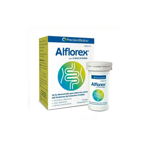 Aflorex Irritable Bowel 30 tablets bottle by Jag Couture London and New York, showing the packaging and tablets inside the bottle.