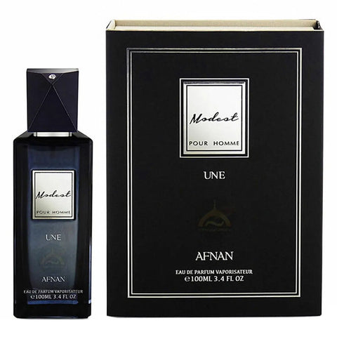 A 100ml spray bottle of Afnan Modest Pour Homme Eau De Parfum by Jag Couture London New York, with elegant packaging and branding.