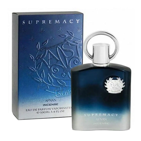 Afnan Supremacy Incense Eau De Parfum 100ml spray bottle with elegant packaging, showcasing a luxurious fragrance design.