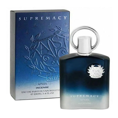 Afnan Supremacy Incense Eau De Parfum 100ml spray bottle with elegant packaging, showcasing a luxurious fragrance design.