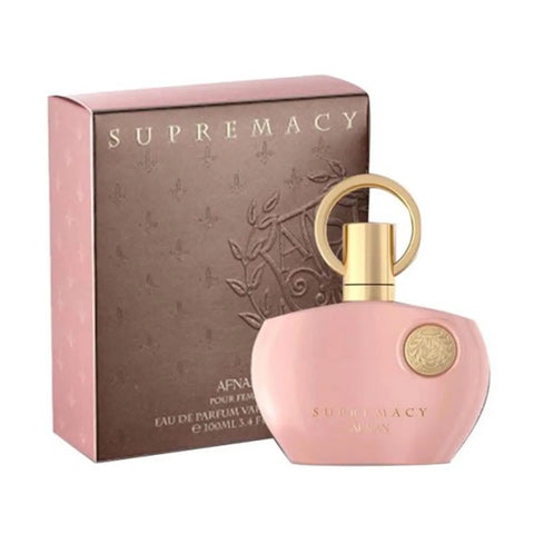 A 100ml spray bottle of Afnan Supremacy Pink Eau De Parfum for women, with elegant pink and clear glass design.