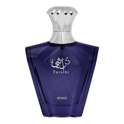 Afnan Turathi Blue Homme Eau De Parfum spray bottle, 90ml, featuring sleek blue packaging and branding from Jag Couture London.