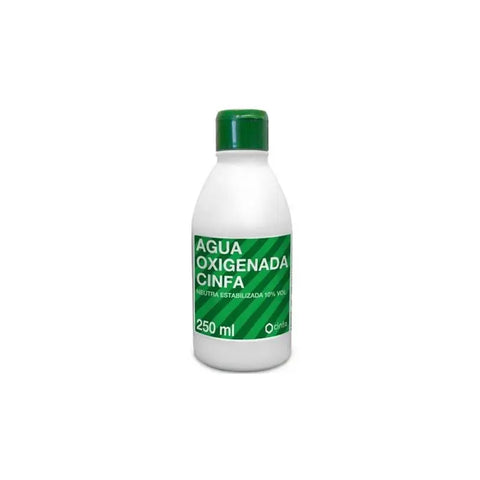 Bottle of Agua Oxigenada Cinfa 250ml from Jag Couture London New York, clear liquid in a labeled plastic bottle.