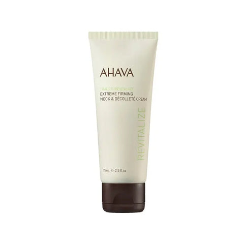 Ahava Time To Revitalize Extreme Firming Neck and Décolleté Cream in 75ml jar, displayed with fresh ingredients.