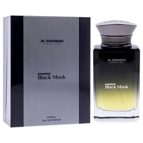 Al Haramain Black Musk Eau De Parfum 100ml spray featuring a sleek black bottle with elegant branding and a modern design.