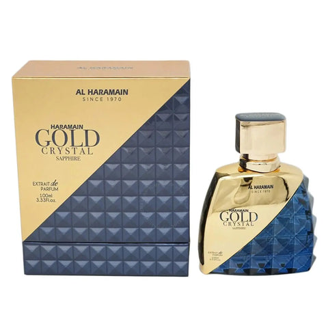 Al Haramain Gold Crystal Sapphire perfume bottle, 100ml, with elegant gold and sapphire accents, displayed on a neutral background.