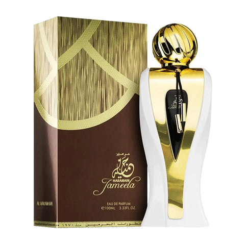 Al Haramain Jameela Eau De Parfum 100ml spray bottle with elegant packaging, showcasing luxurious fragrance design.