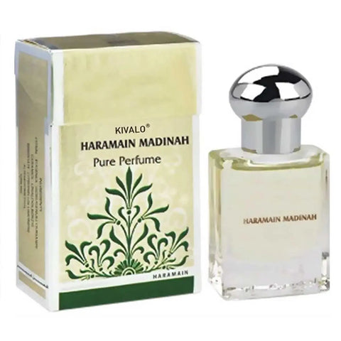 Al Haramain Madinah Pure Perfume Oil in a 15ml bottle, featuring a sleek design from Jag Couture London New York.