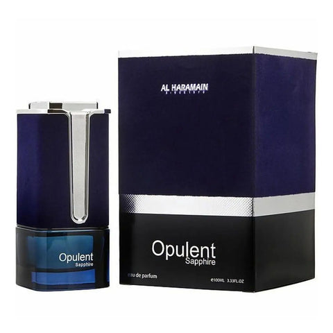 Al Haramain Opulent Sapphite Eau De Parfum spray bottle, luxury fragrance by Jag Couture London New York, with elegant design.