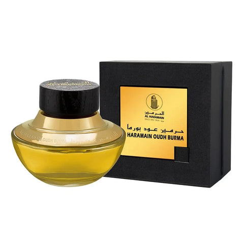 Al Haramain Oudh Burma Eau De Parfum 100ml bottle with ornate design, showcasing luxurious fragrance packaging.
