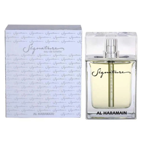 Al Haramain Signature Eau De Toilette 100ml spray bottle with elegant packaging and branding details.