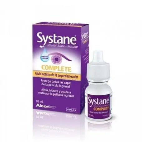 Alcon Systane Complete Eye Drops 10ml bottle with label, designed for relief and hydration of dry or irritated eyes.