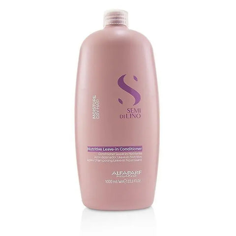Alfaparf Milano Semi Di Lino Moisture Nutritive Leave-In Conditioner 1000ml bottle on a shelf, with brand tags in the background.