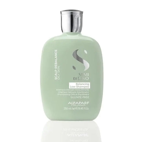 Alfaparf Milano Semi Di Lino Scalp Rebalance balancing low shampoo bottle, 250ml, with sleek packaging and product label.