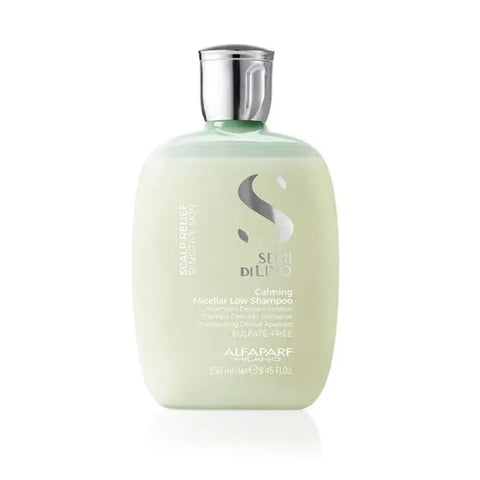 Alfaparf Milano Semi Di Lino Scalp Relief Calming Micellar Low Shampoo 250ml on a bathroom shelf with bottles