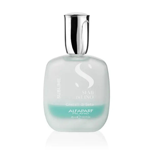 Alfaparf Milano Semi Di Lino Sublime Cristalli Di Seta 45ml hair serum bottle with sleek packaging and product details.