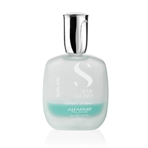 Alfaparf Milano Semi Di Lino Sublime Cristalli di Seta 45ml hair serum in sleek bottle with a gold cap, displayed on a neutral background.