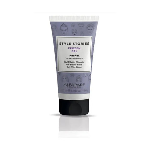 Alfaparf Milano Style Stories Frozen Gel 150ml in a clear jar, featuring the gel's icy blue color and branding details.