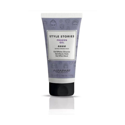 Alfaparf Milano Style Stories Frozen Gel 150ml in a clear jar with blue and white packaging, displayed on a neutral background.